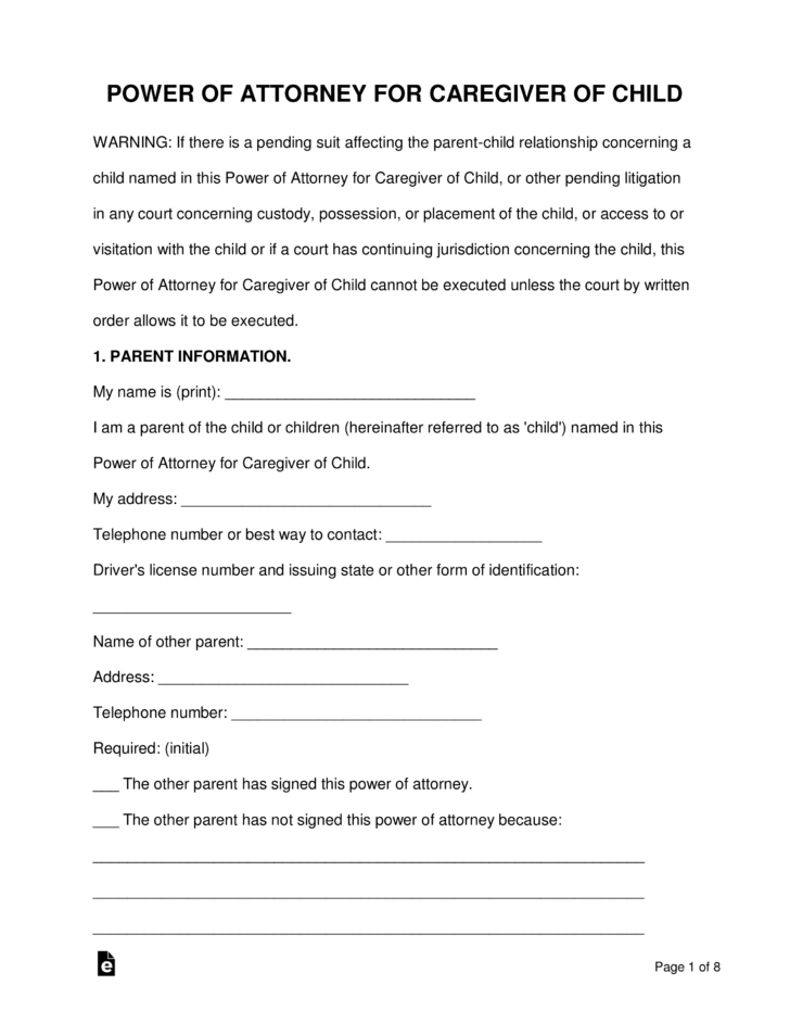 Free Printable Power of Attorney For Minor Child Texas