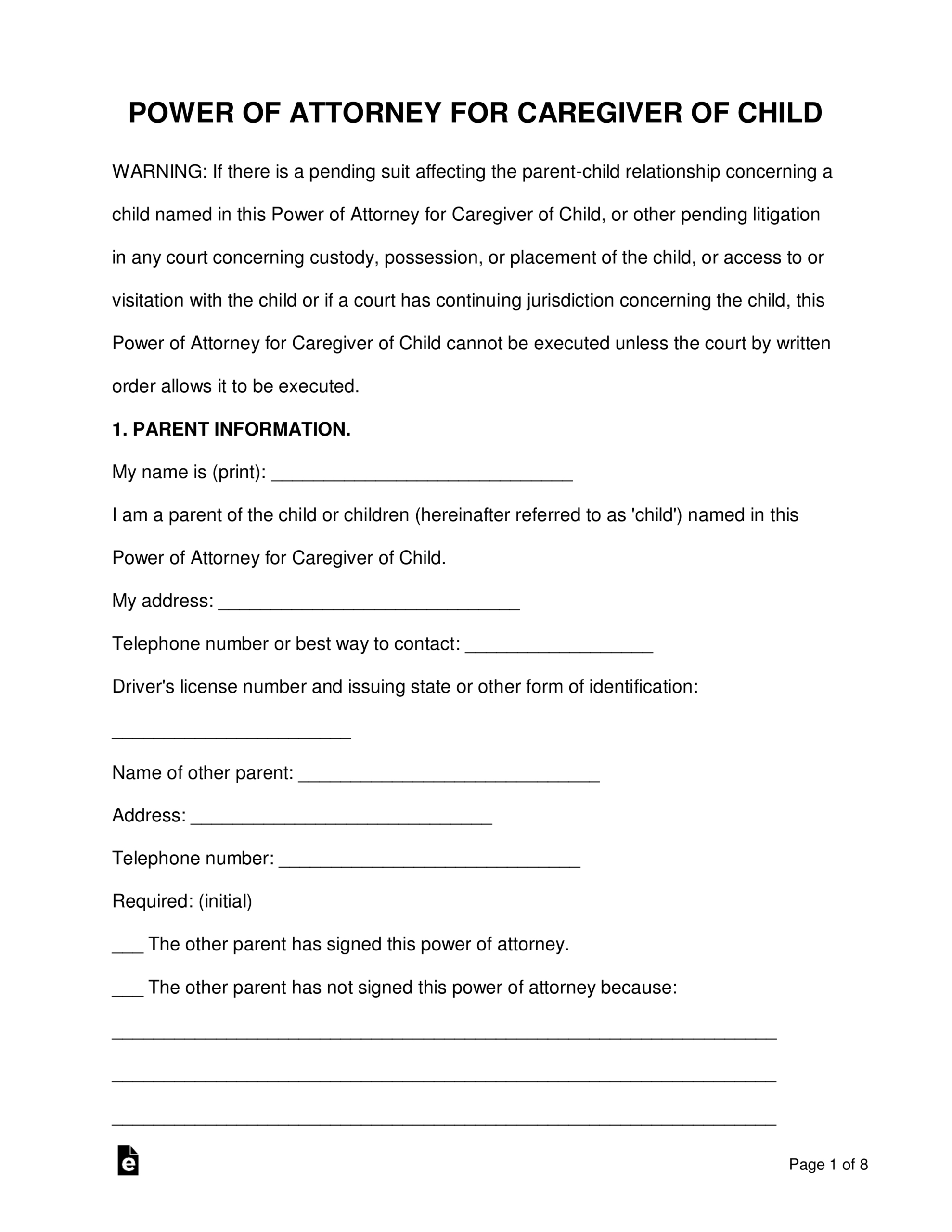 Free Texas Authorization Agreement For Non-Parent Adult Caregiver in Free Printable Power of Attorney For Minor Child Texas
