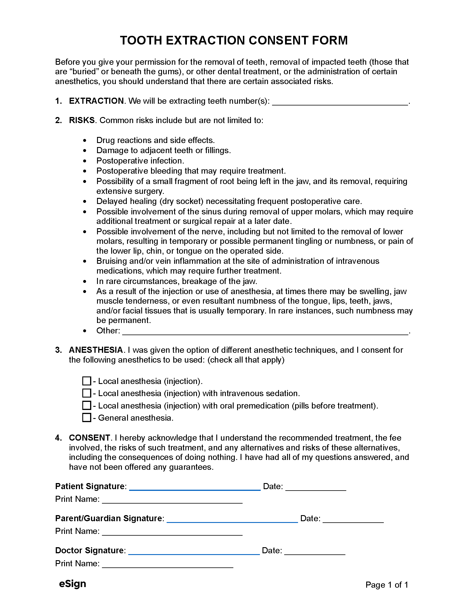 Free Tooth Extraction (Removal) Consent Form | Pdf | Word regarding Free Printable Dental Consent Forms