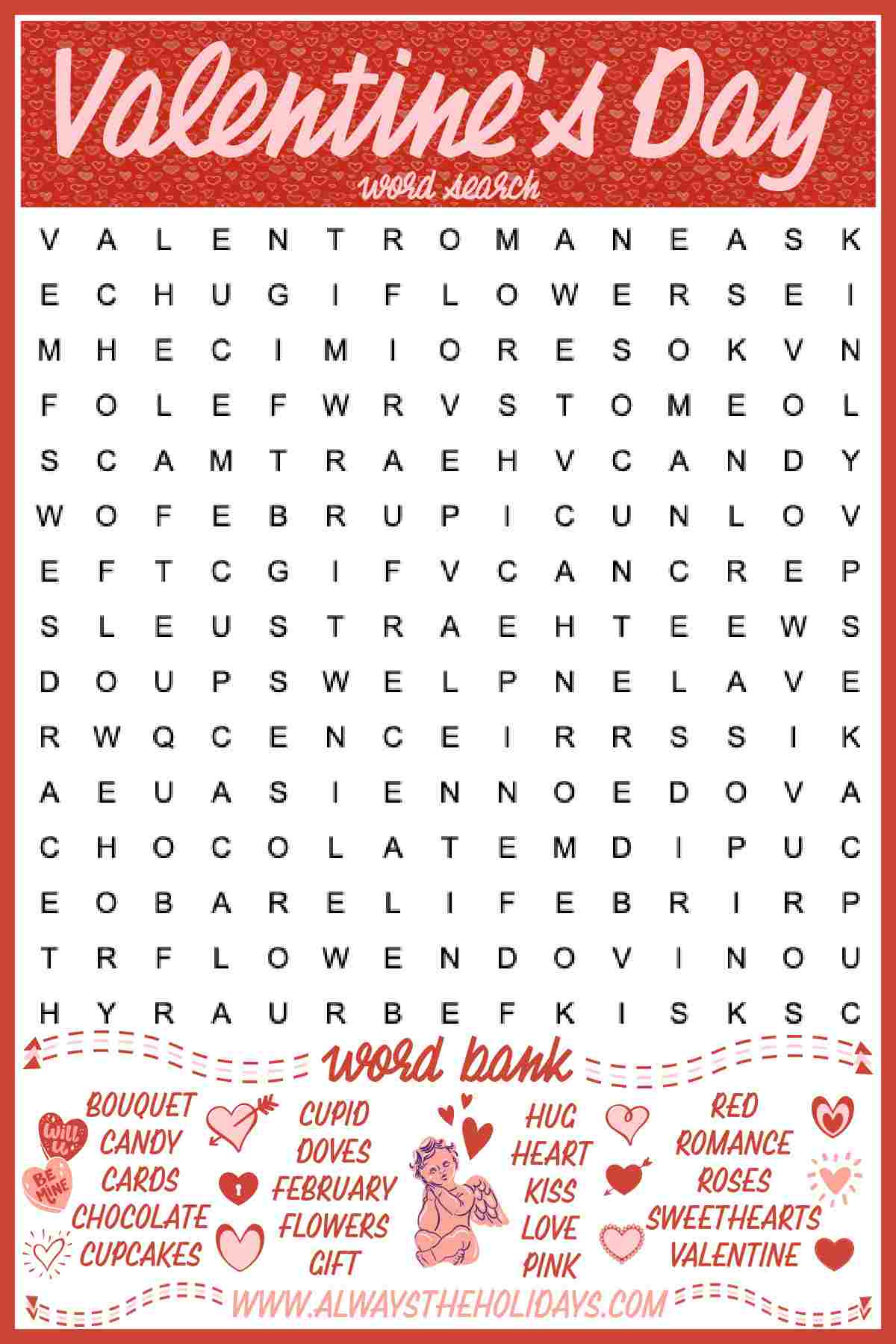 Free Valentine&amp;#039;S Day Word Search Printable - Answer Key Included throughout Free Printable Valentines Day Word Searches