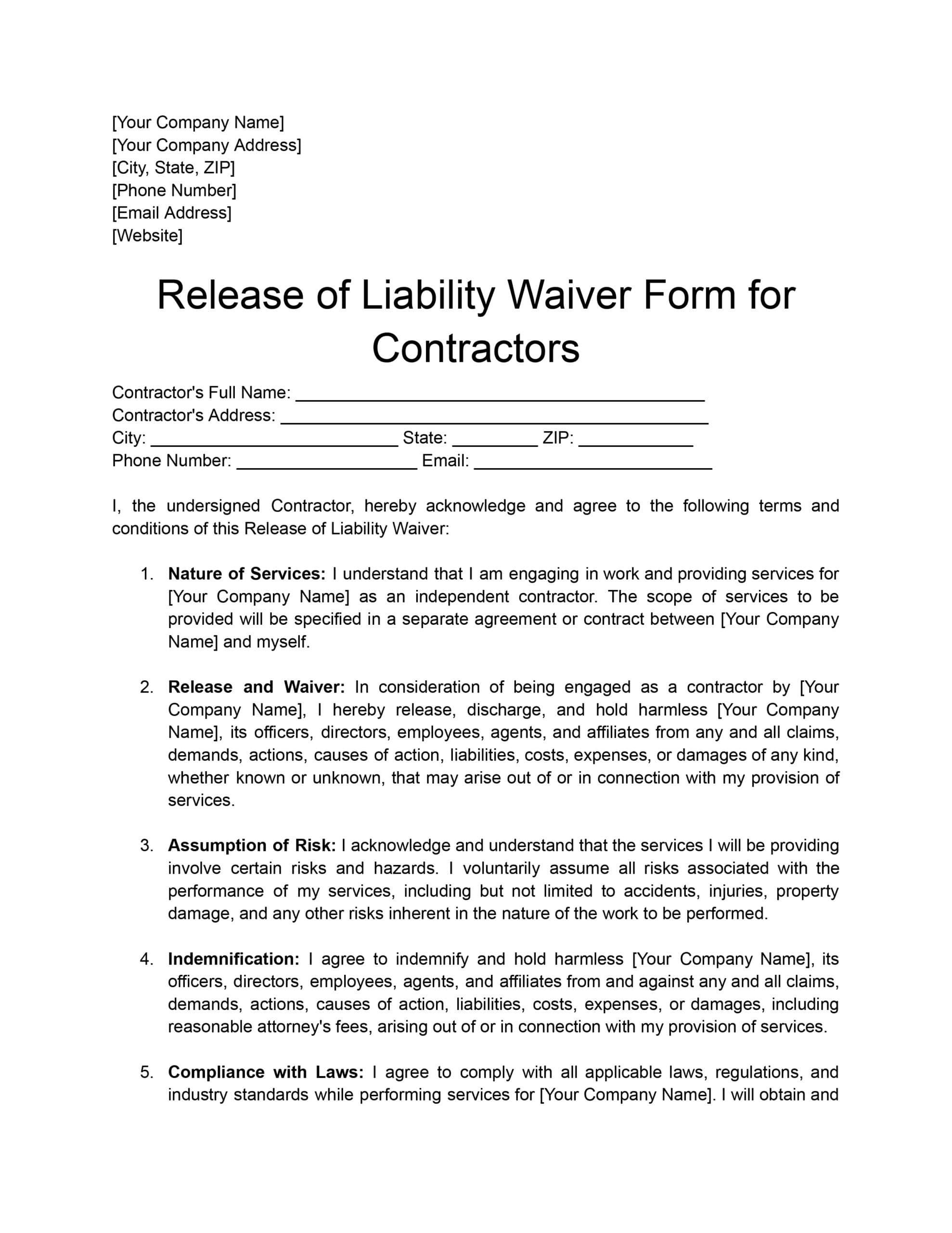 Free Waiver Of Liability Forms For Contractors: Download + Print throughout Free Printable Liability Waiver Form
