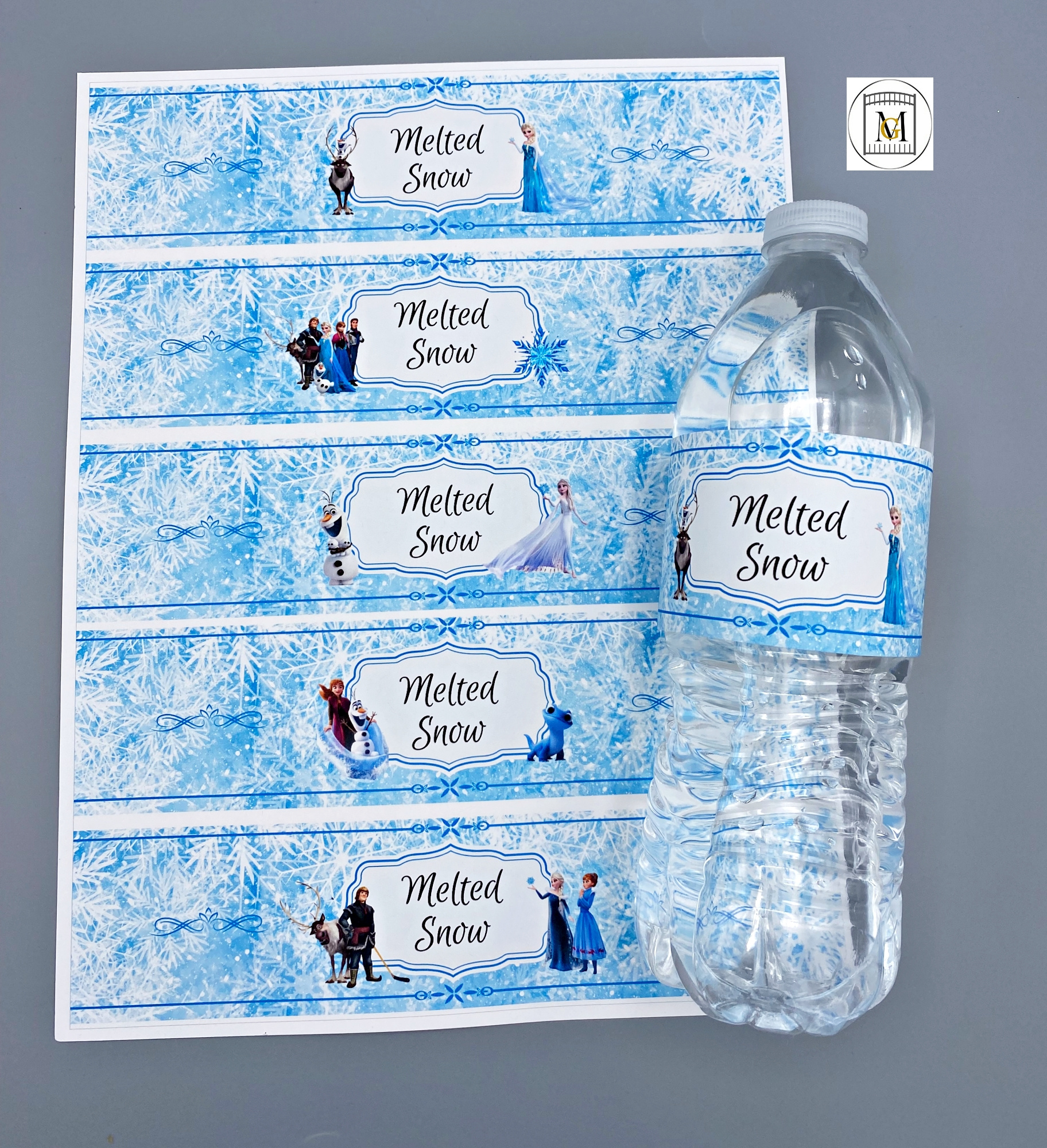 Frozen Birthday Party Water Bottle Editable Label Download · Major with Melted Snow Water Bottle Labels Free Printable