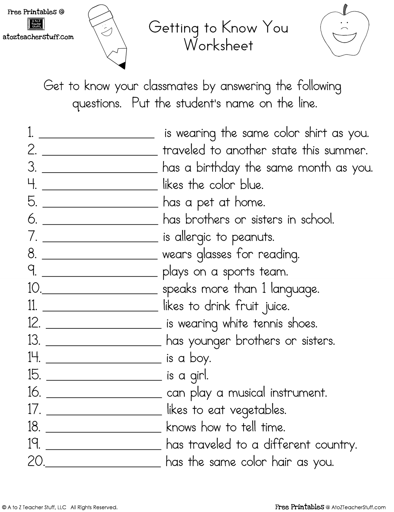 Getting To Know You Worksheet | A To Z Teacher Stuff Printable regarding Free Printable Getting to Know You Worksheets