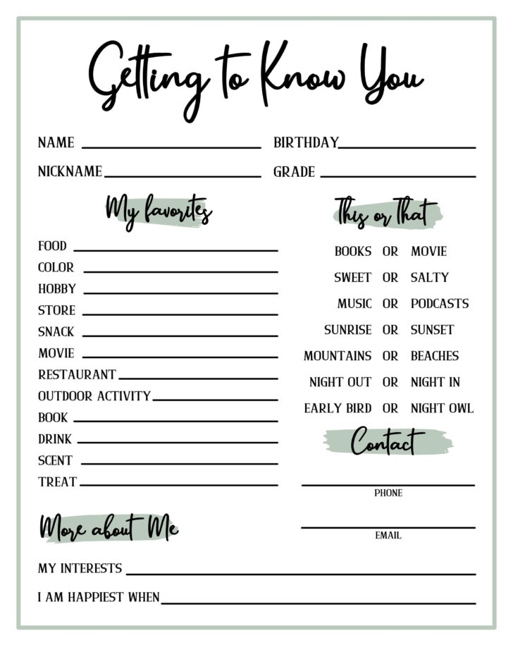 Free Printable Get to Know You Worksheet For Adults