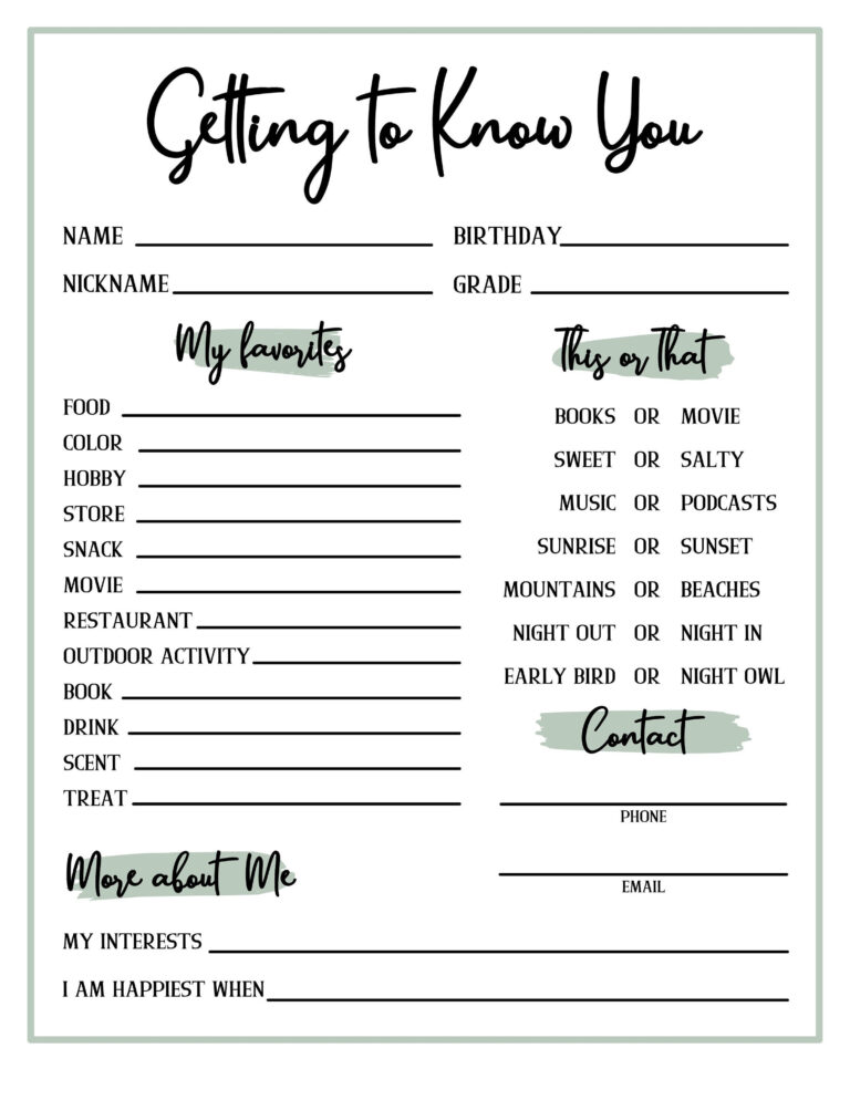 Free Printable Get to Know You Worksheet For Adults Printable