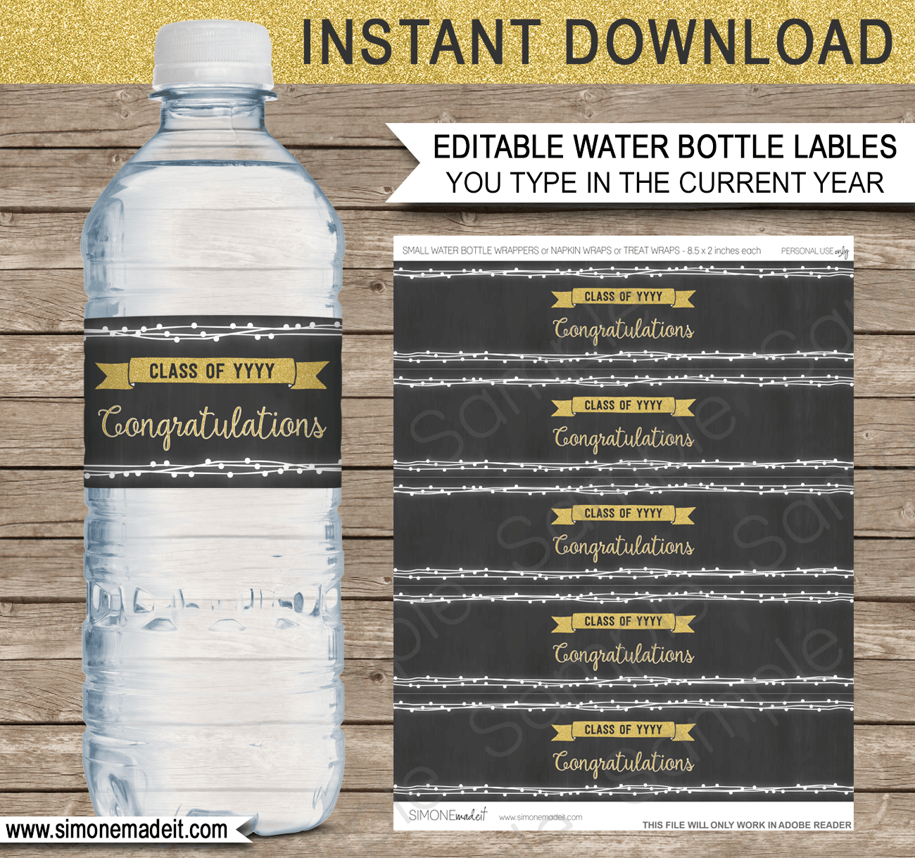 Graduation Party Water Bottle Labels Template - Gold in Free Printable Graduation Water Bottle Labels