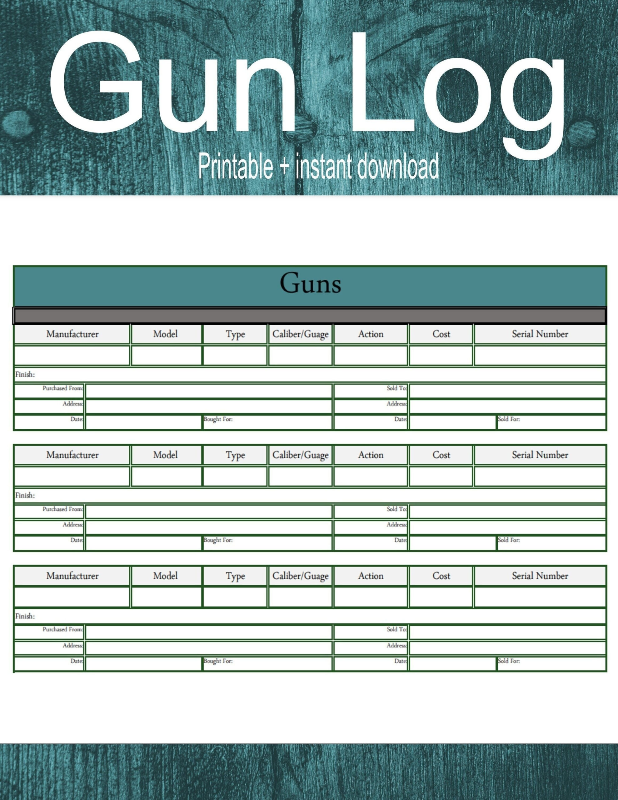 Gun Log | Gun Tracker | Gun Inventory - Etsy in Free Printable Gun Inventory Sheet