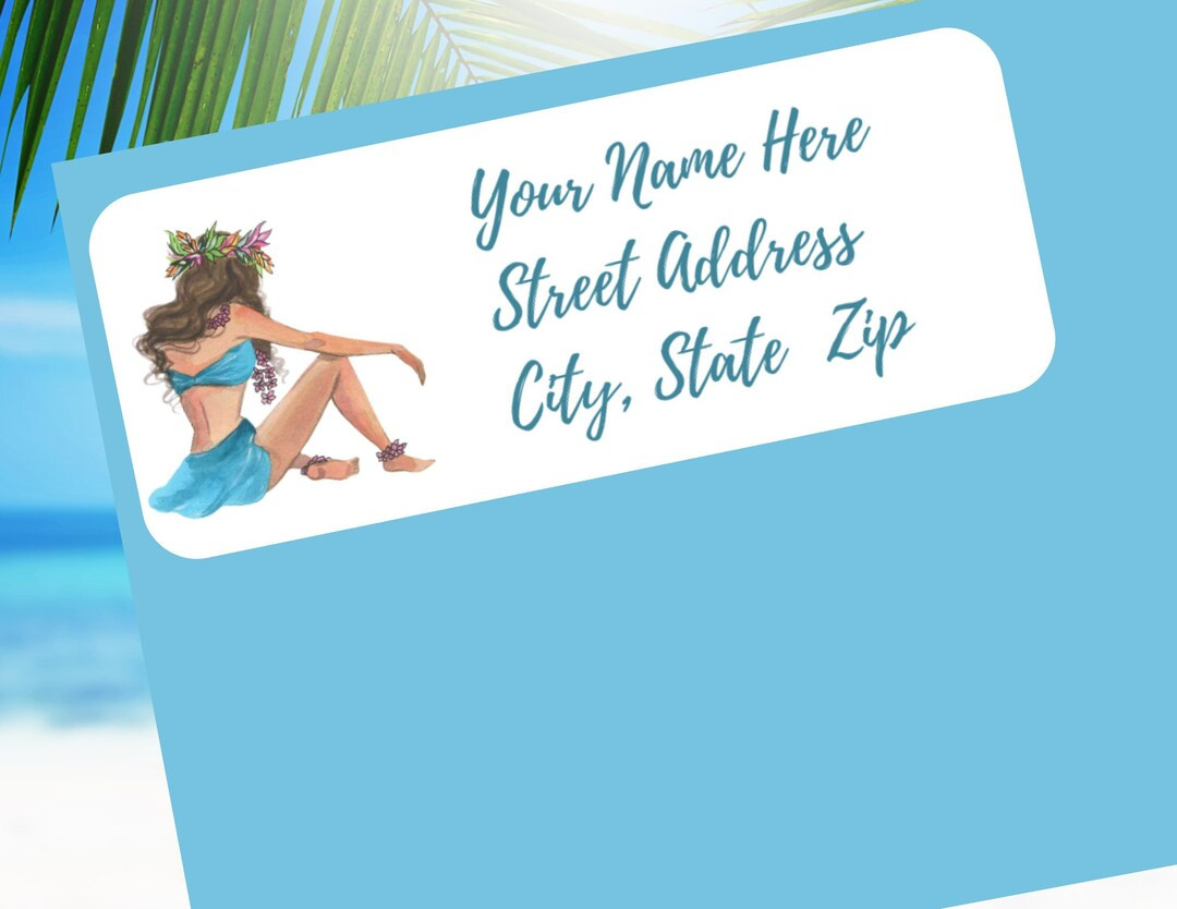 Hawaiian Tropical Girl Return Address Labels | Beach Girl Address with Printable Return Label Woman Within