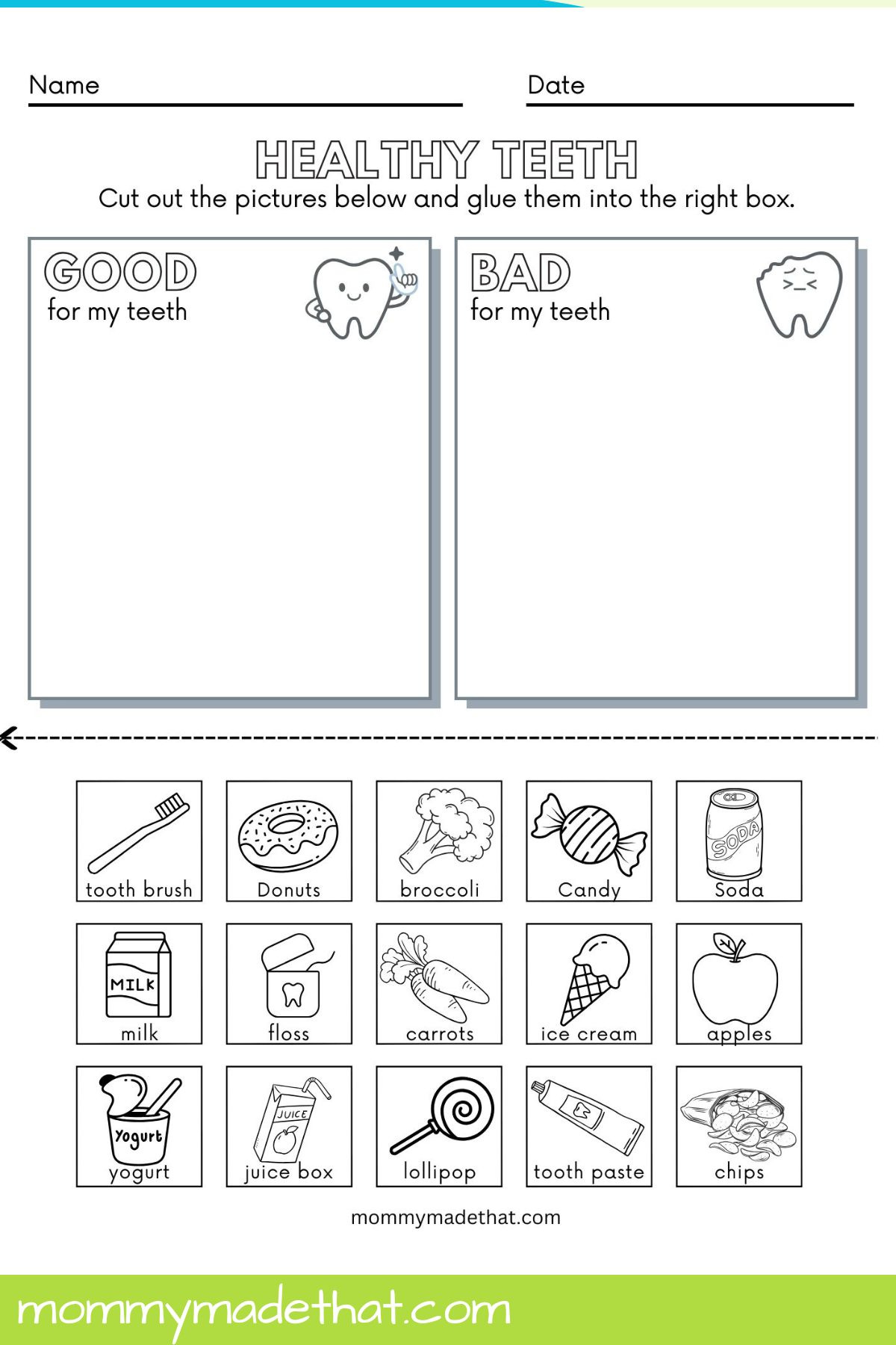 Healthy Teeth Sorting Worksheet (Free Printable) throughout Free Printable Dental Health Worksheets