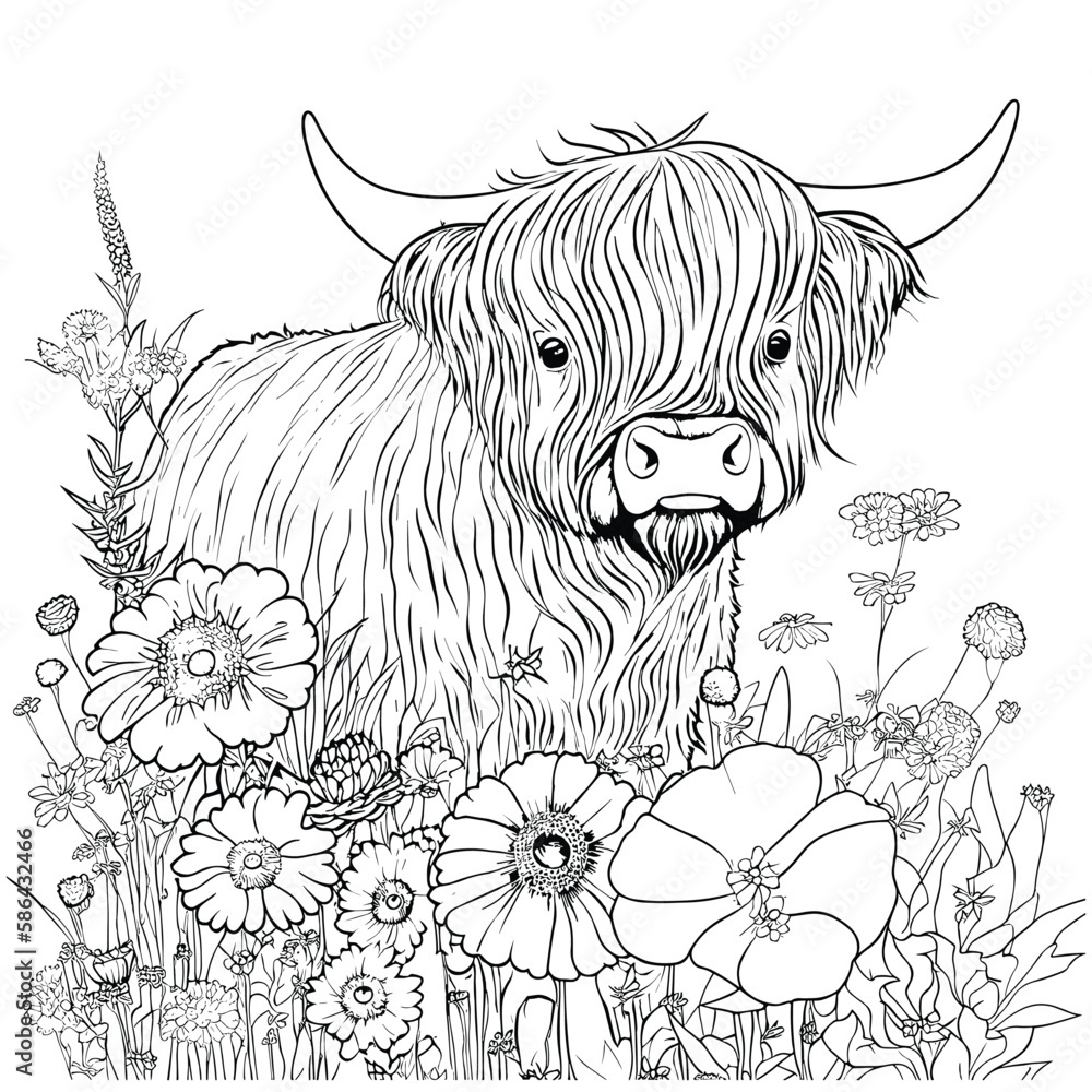 Highland Cow Coloring Pages For Adults Stock Vector | Adobe Stock for Free Printable Highland Cow Coloring Pages