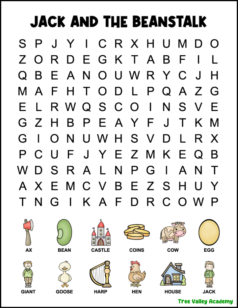 Jack And The Beanstalk Word Search For 1St Grade throughout Free Printable Word Searches For 1st Graders