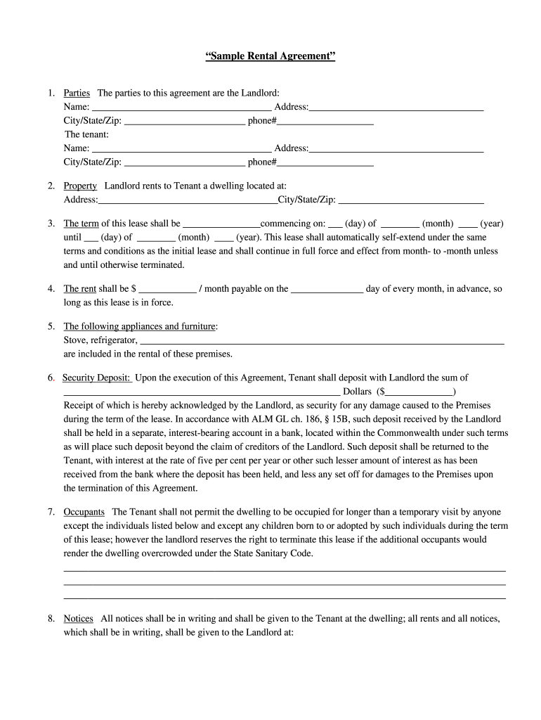 Ma Sample Rental Agreement Form - Fill Online, Printable, Fillable pertaining to Free Printable Rental Agreement Forms