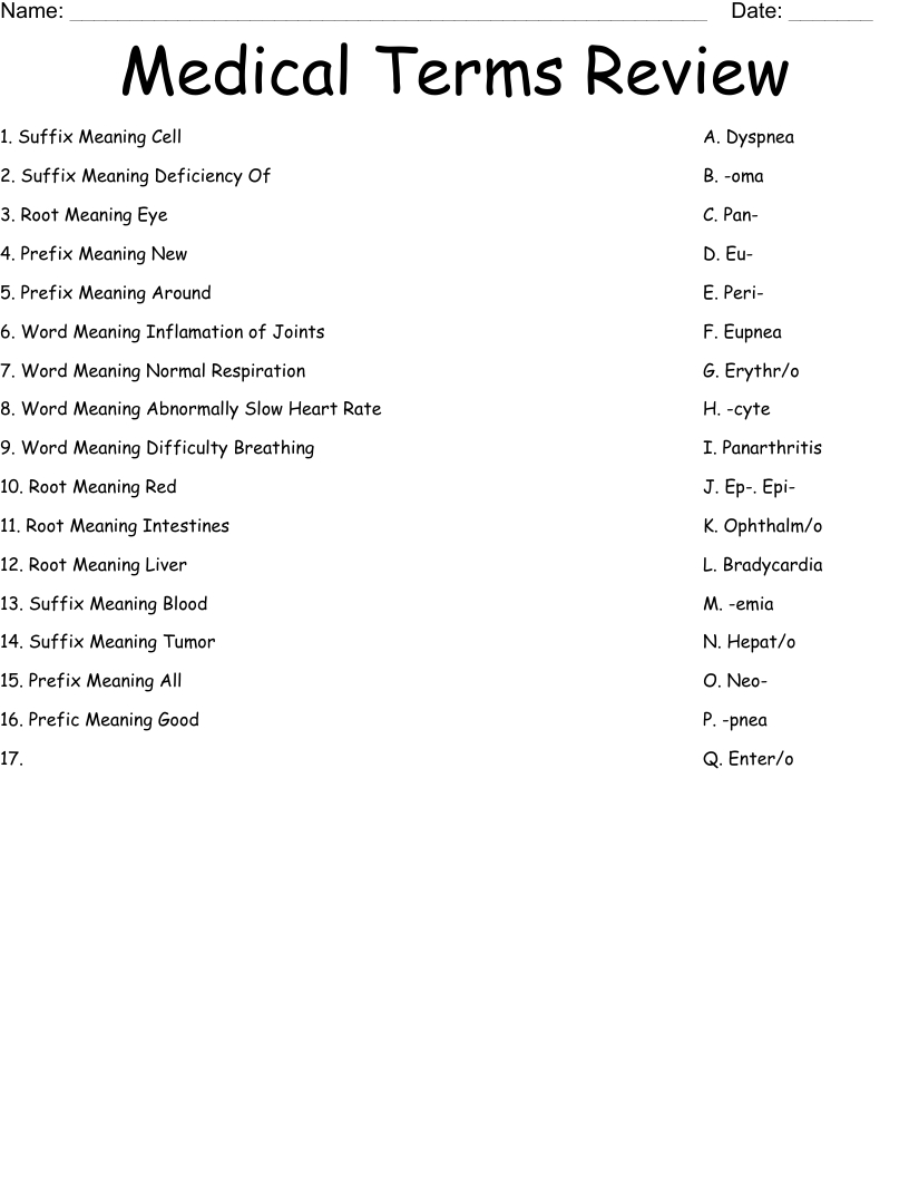 Medical Terms Review Worksheet - Wordmint regarding Free Printable Medical Terminology Worksheets