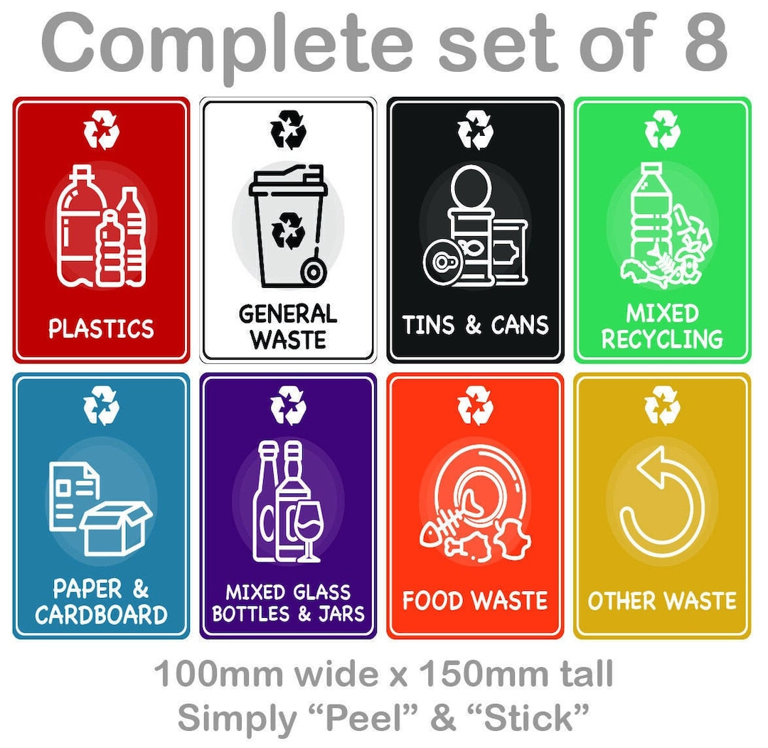 Mixed Set Of Recycling Bin Sign Sticker Labels - Full Set Of 8 with Label For Trash Bins Printable