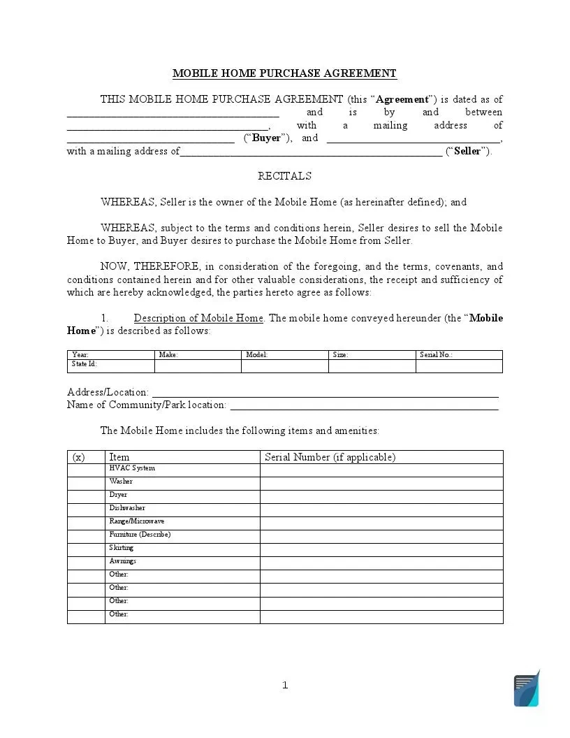 Mobile Home Purchase And Sales Agreement Form | Formspal inside Free Printable Purchase Agreement For Mobile Home