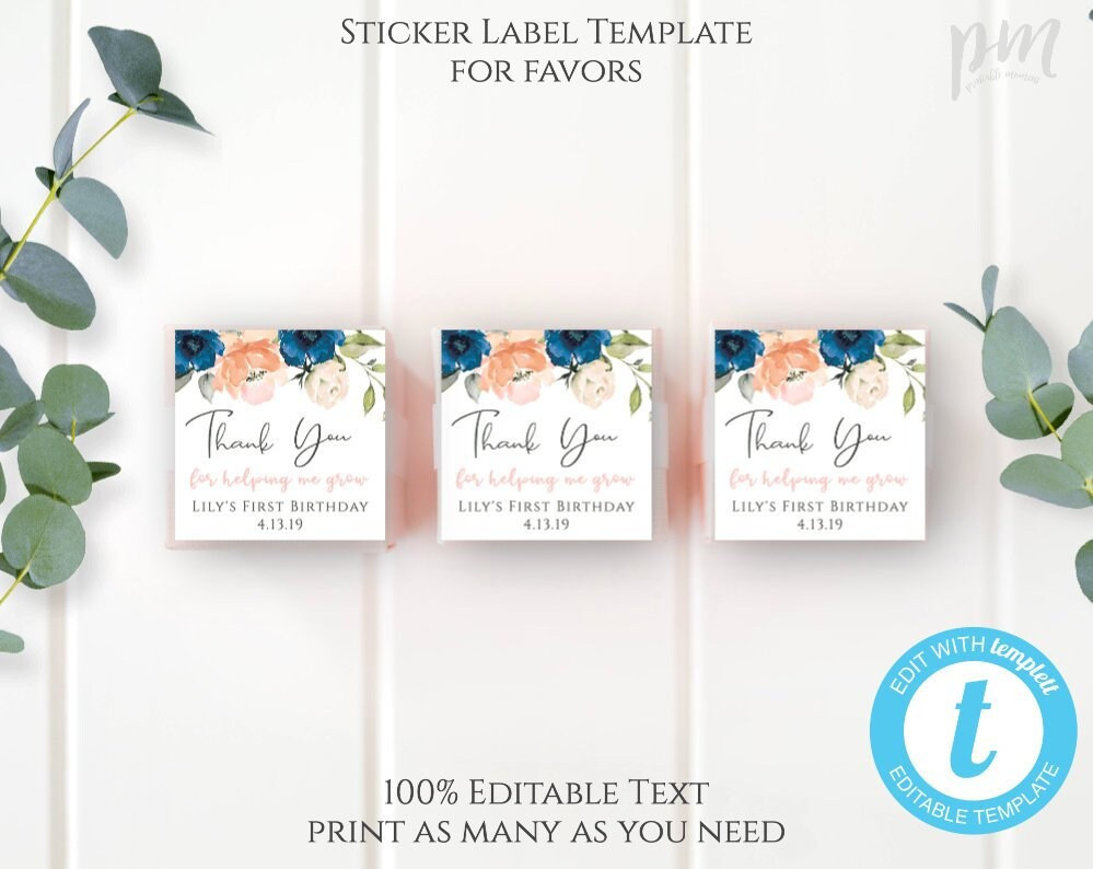 Navy + Peach Thank You Sticker Label Template For Birthday, 2X2 within Printable Label Stickers Nearby