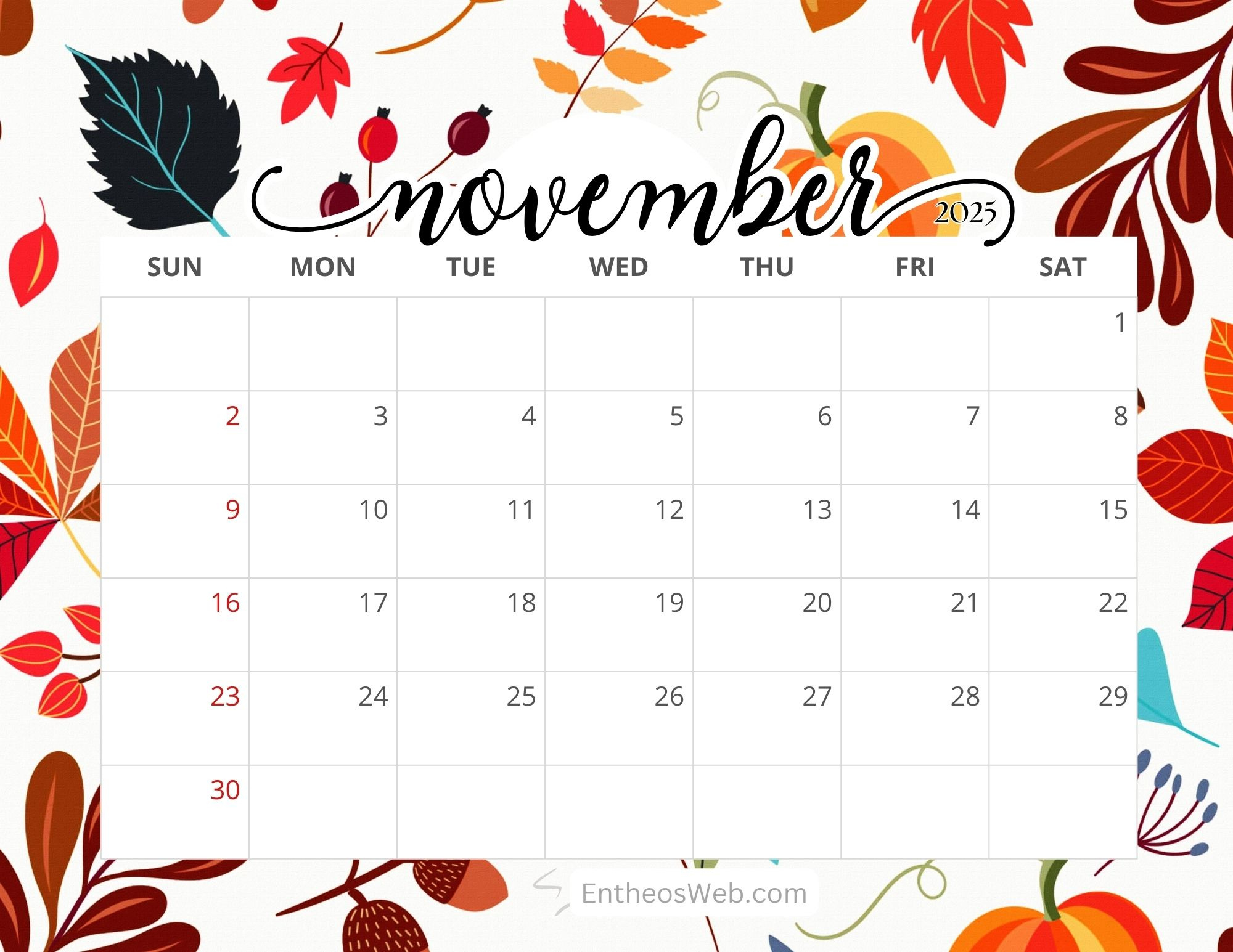 November 2025 Calendar Printables | Entheosweb within Free Printable November 2025 Calendar
