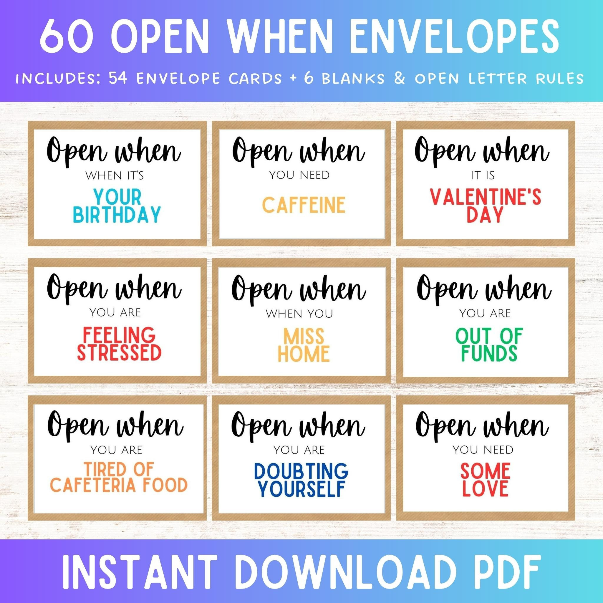 Open When Letters Envelope Cards For College Student Or Going Away with Free Printable Open When Letters Labels