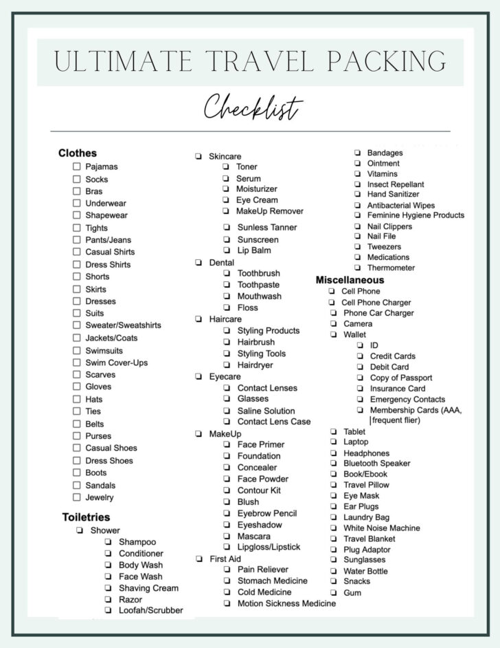 Free Printable Packing List For Vacation
