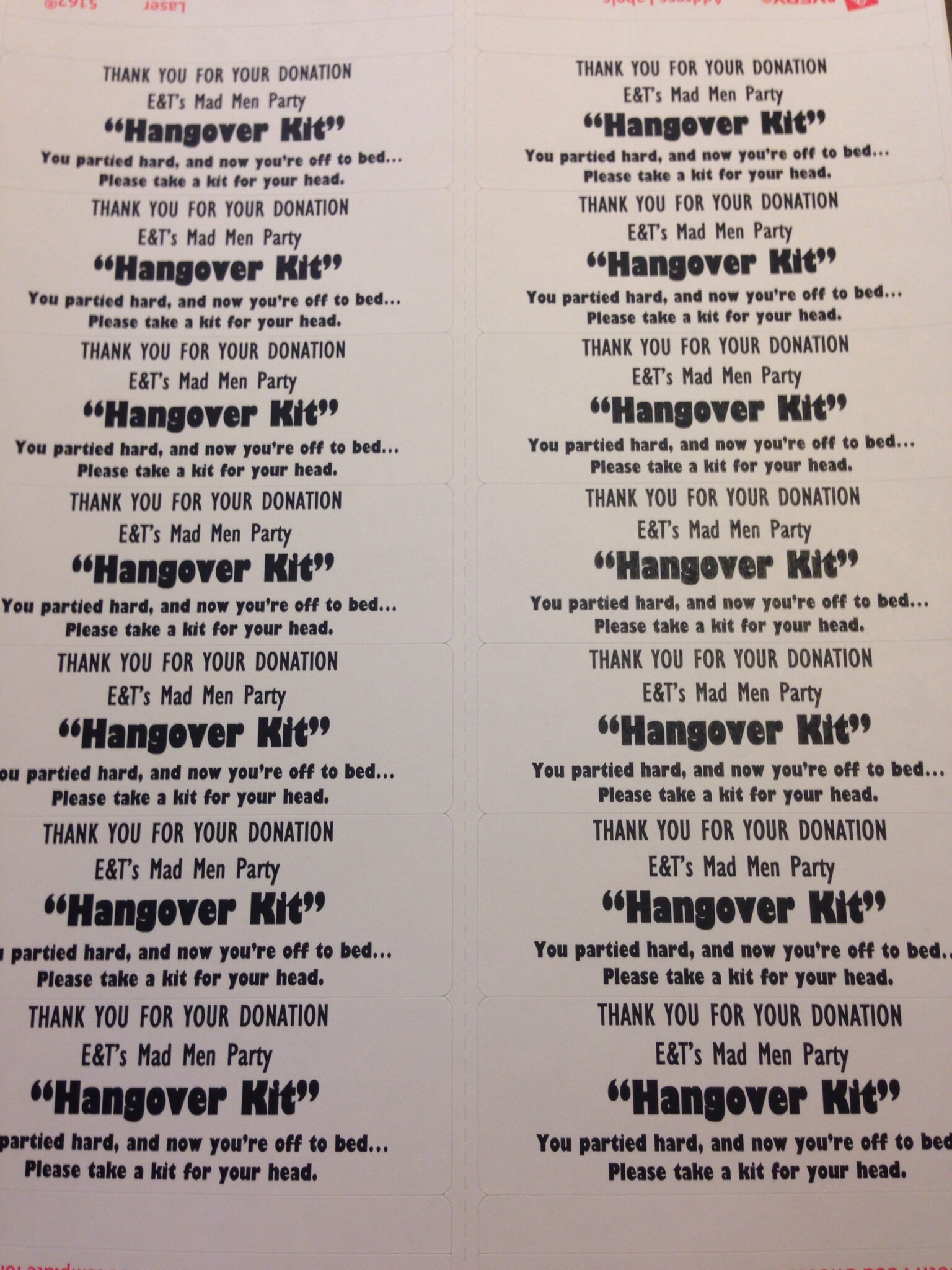 Hangover Kit Label Printable Printable Labels