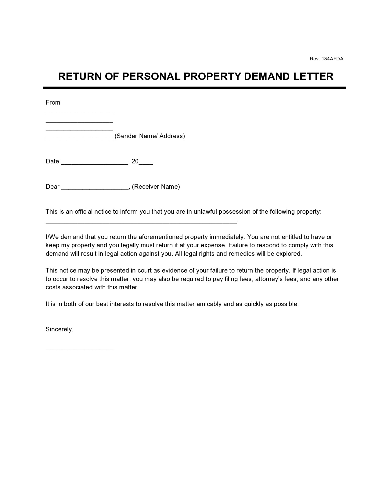 Personal Property Demand Letter - Pdf &amp;amp; Word pertaining to Lands End Printable Return Label