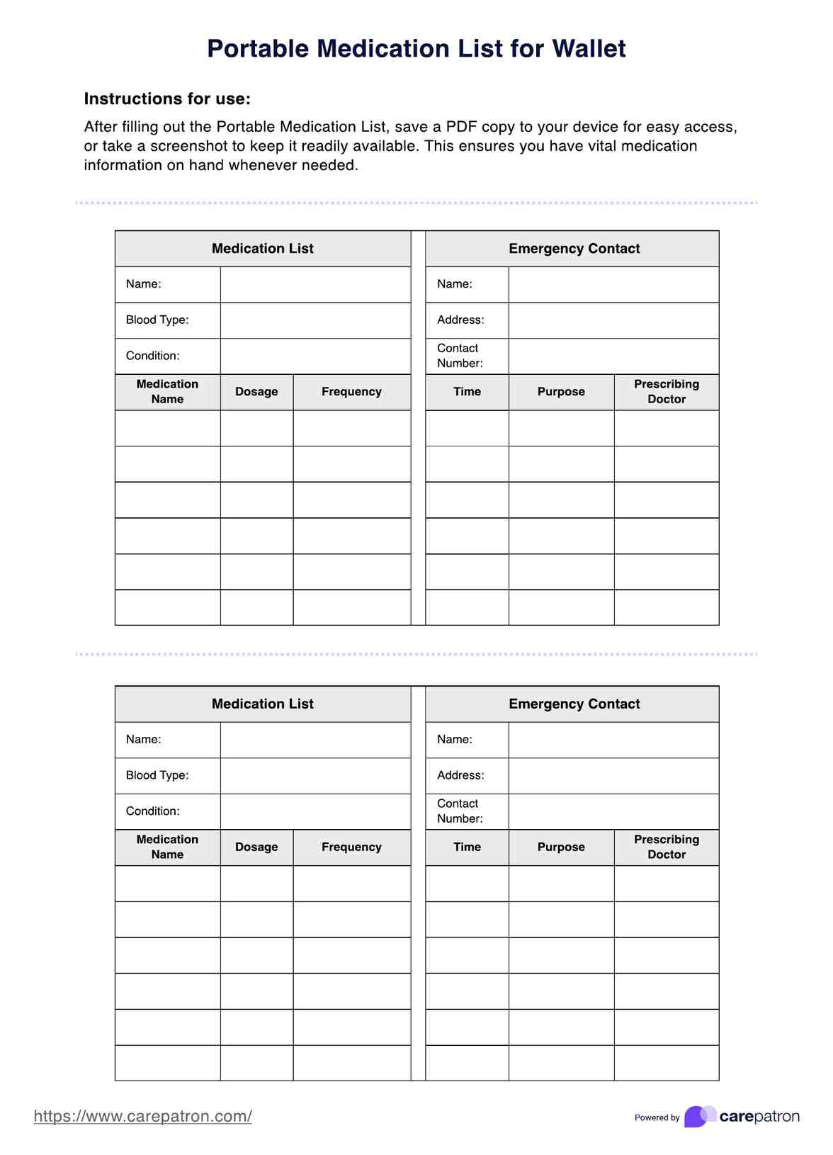 Portable Medication List for Free Printable Medication Wallet Card