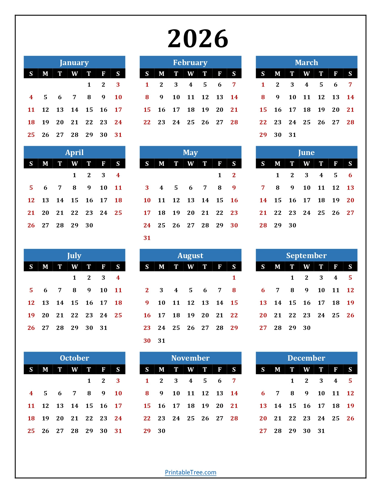 Printable Calendar 2026 One Page With Holidays (Single Page) 2026 with regard to Free Printable 2026 Yearly Calendar Printable