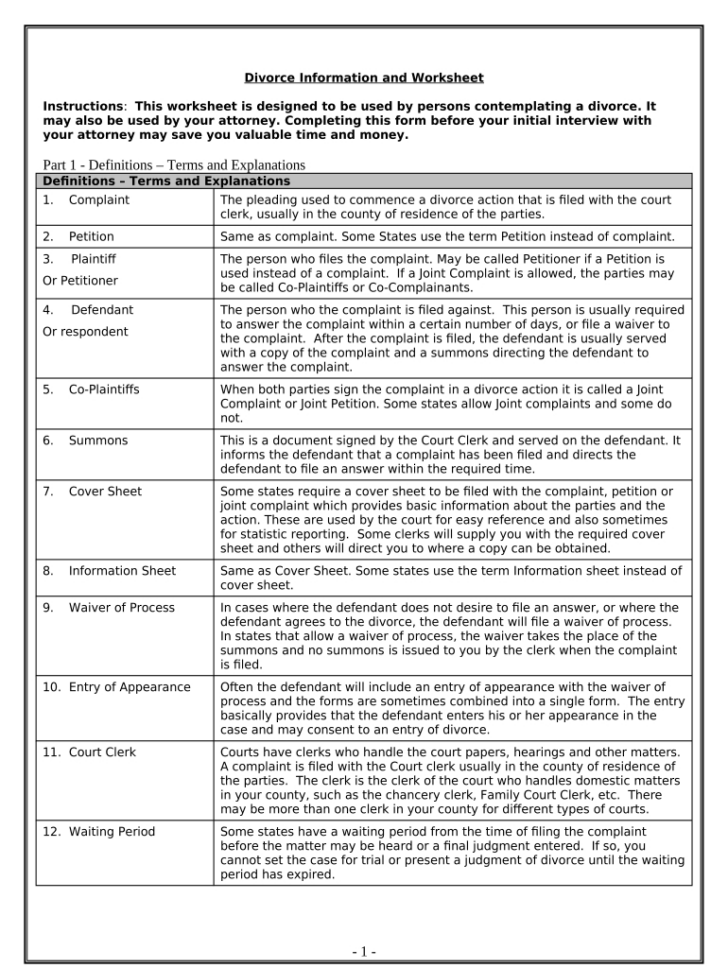 Free Printable Divorce Asset Worksheet