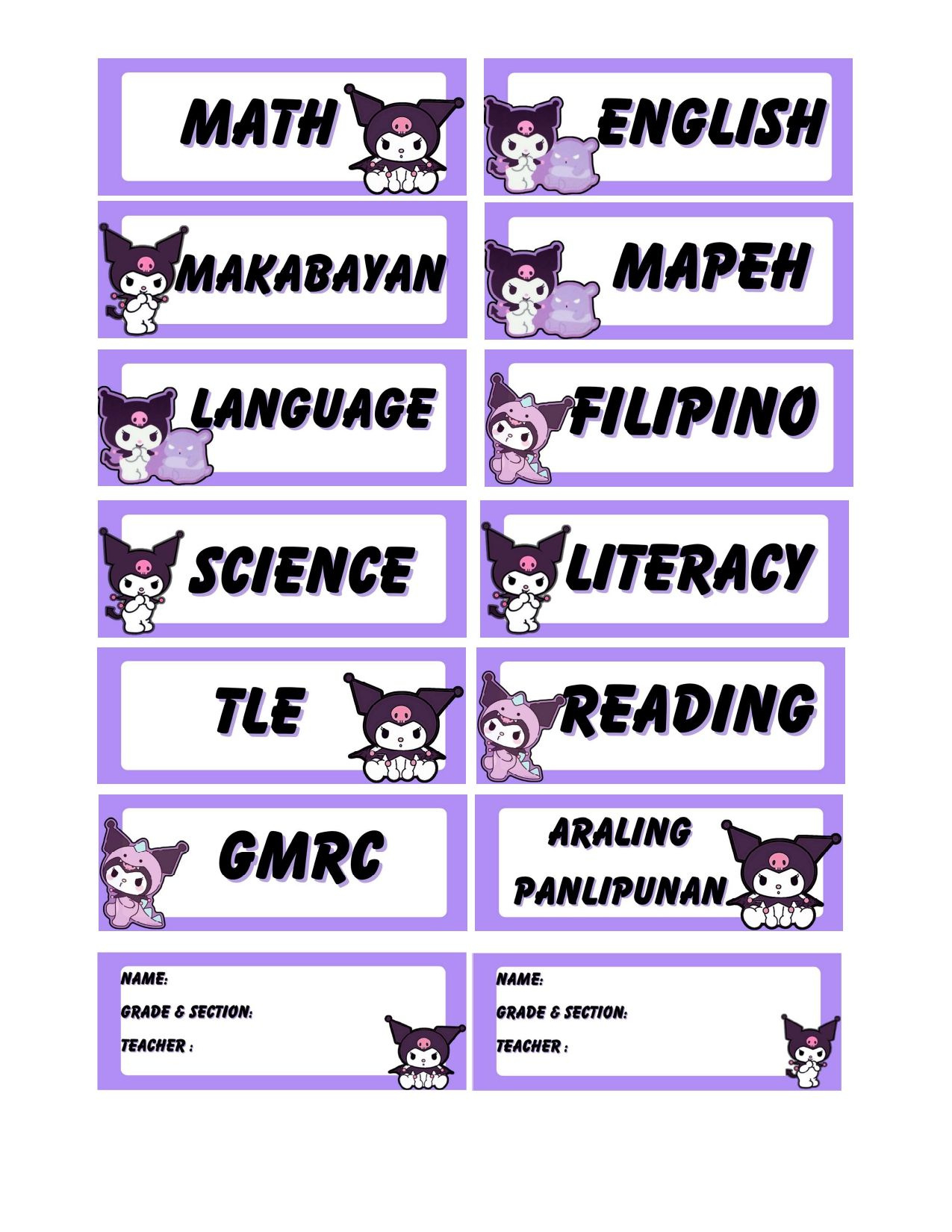 Printable Kuromi Subject Labelbactasacarol - Raket.ph inside Kuromi Subject Label Printable