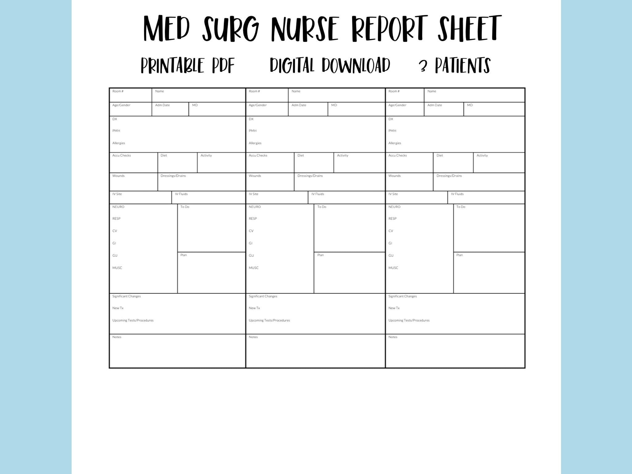 Printable Med Surg Nurse Report Sheet, 3 Patient Nurse Brain Sheet with Free Printable Med Surg Nursing Report Sheet