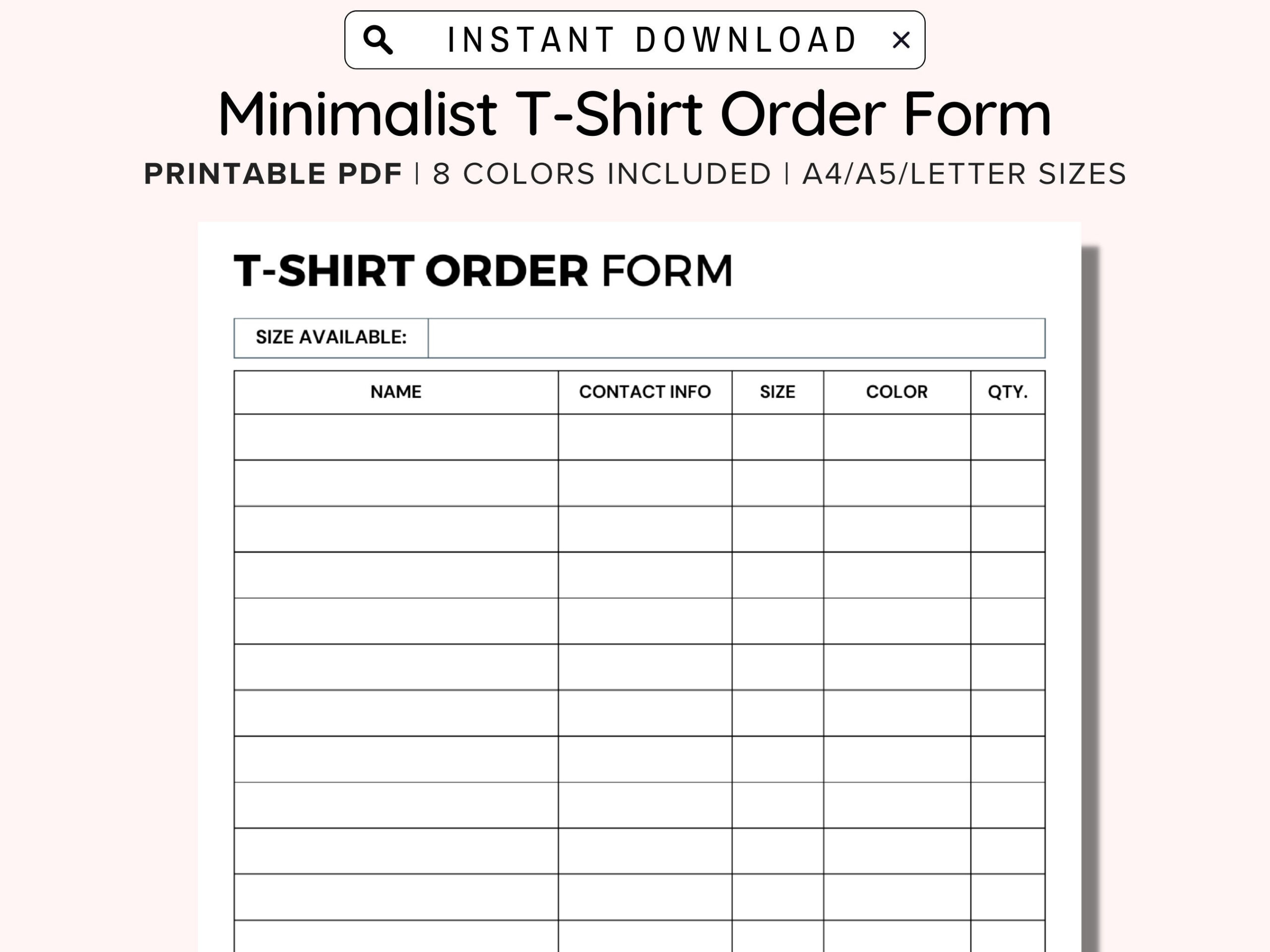 Printable T Shirt Order Form Template, Editable Order Form for Free Printable T Shirt Order Forms