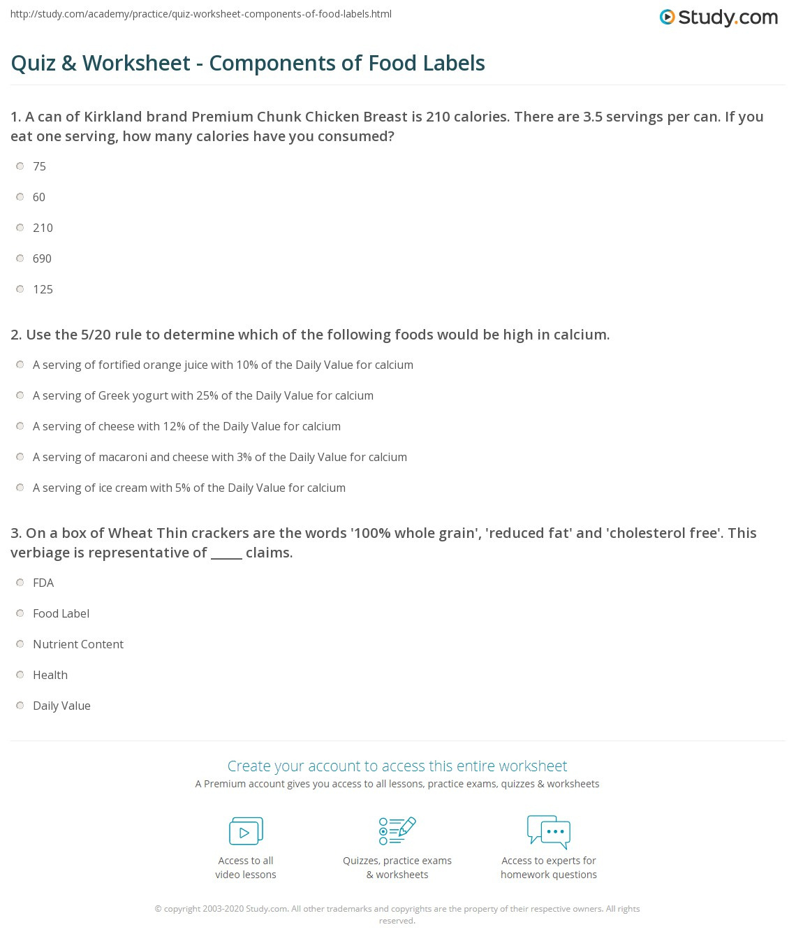 Quiz &amp;amp; Worksheet - Components Of Food Labels | Study intended for Free Printable Sample Food Label Quiz