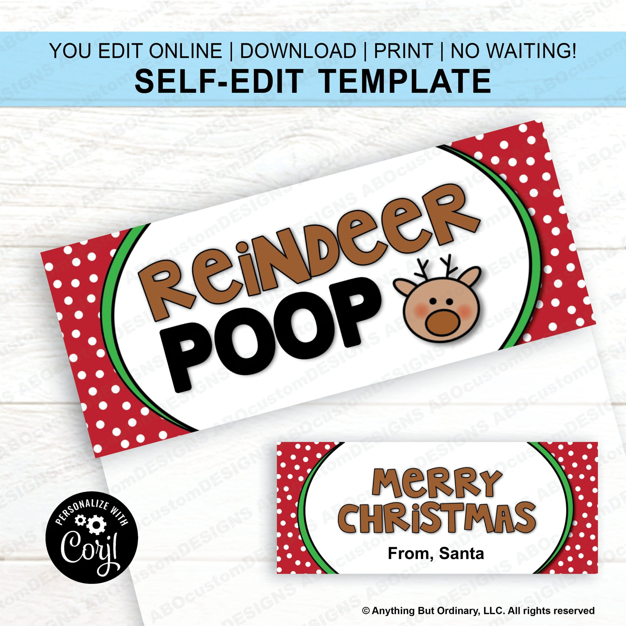 Reindeer Poop Bag Toppers | Funny Editable Christmas Treat Bag with Reindeer Poop Labels Free Printable