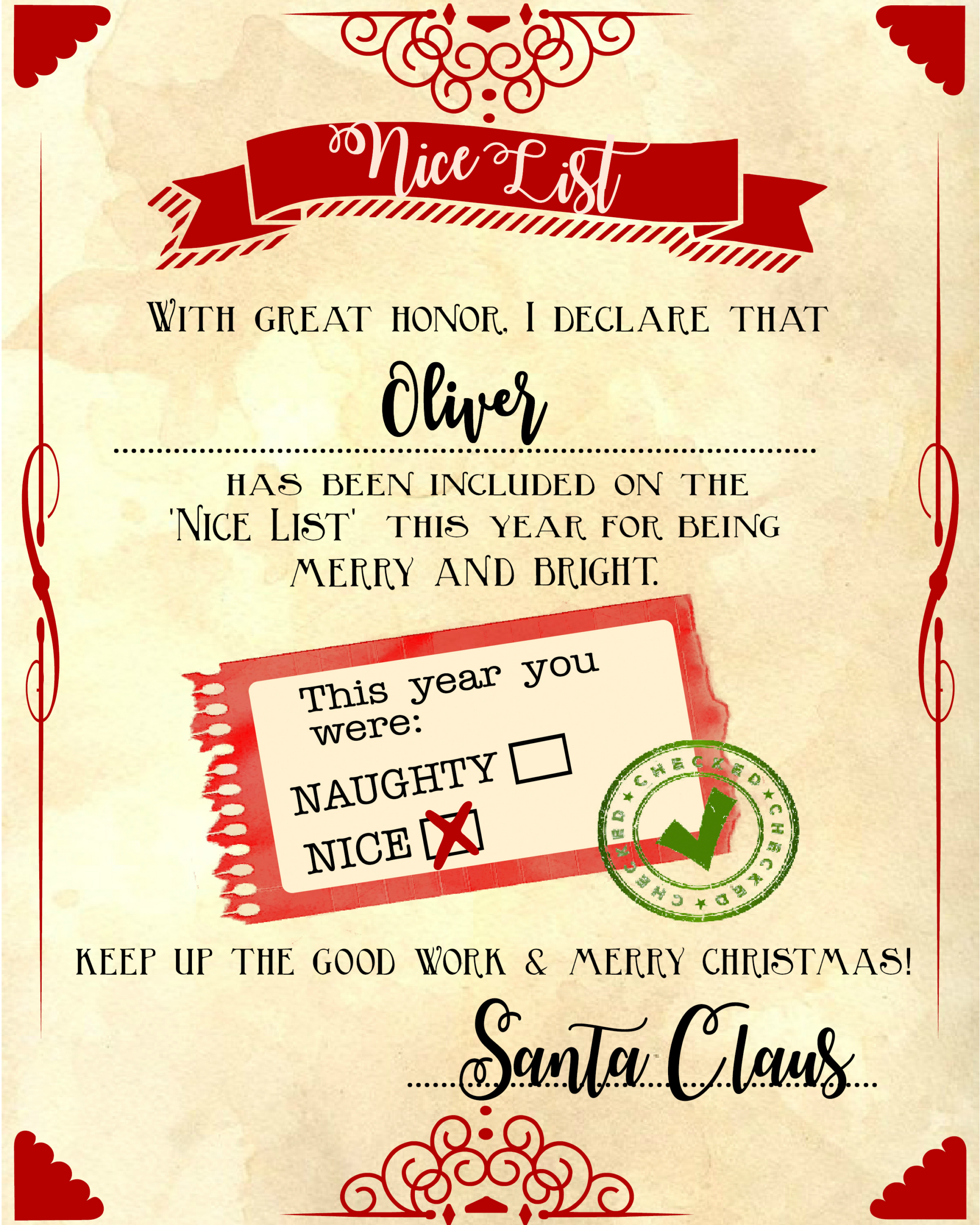 Santa &amp;quot;Nice List&amp;quot; Free Printable Certificate within Free Printable Nice List Certificate