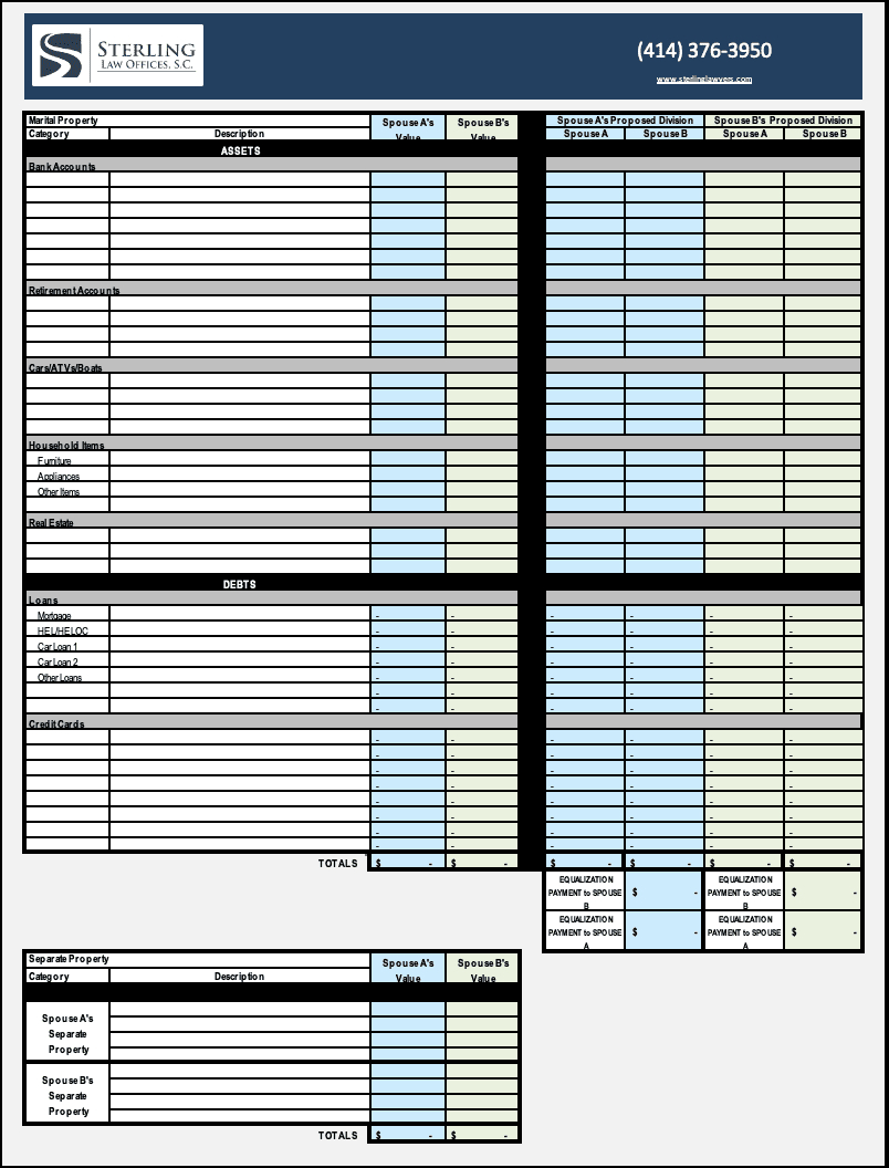 Splitting Assets Worksheet For Divorce In Wisconsin | Sterling with Free Printable Divorce Asset Worksheet
