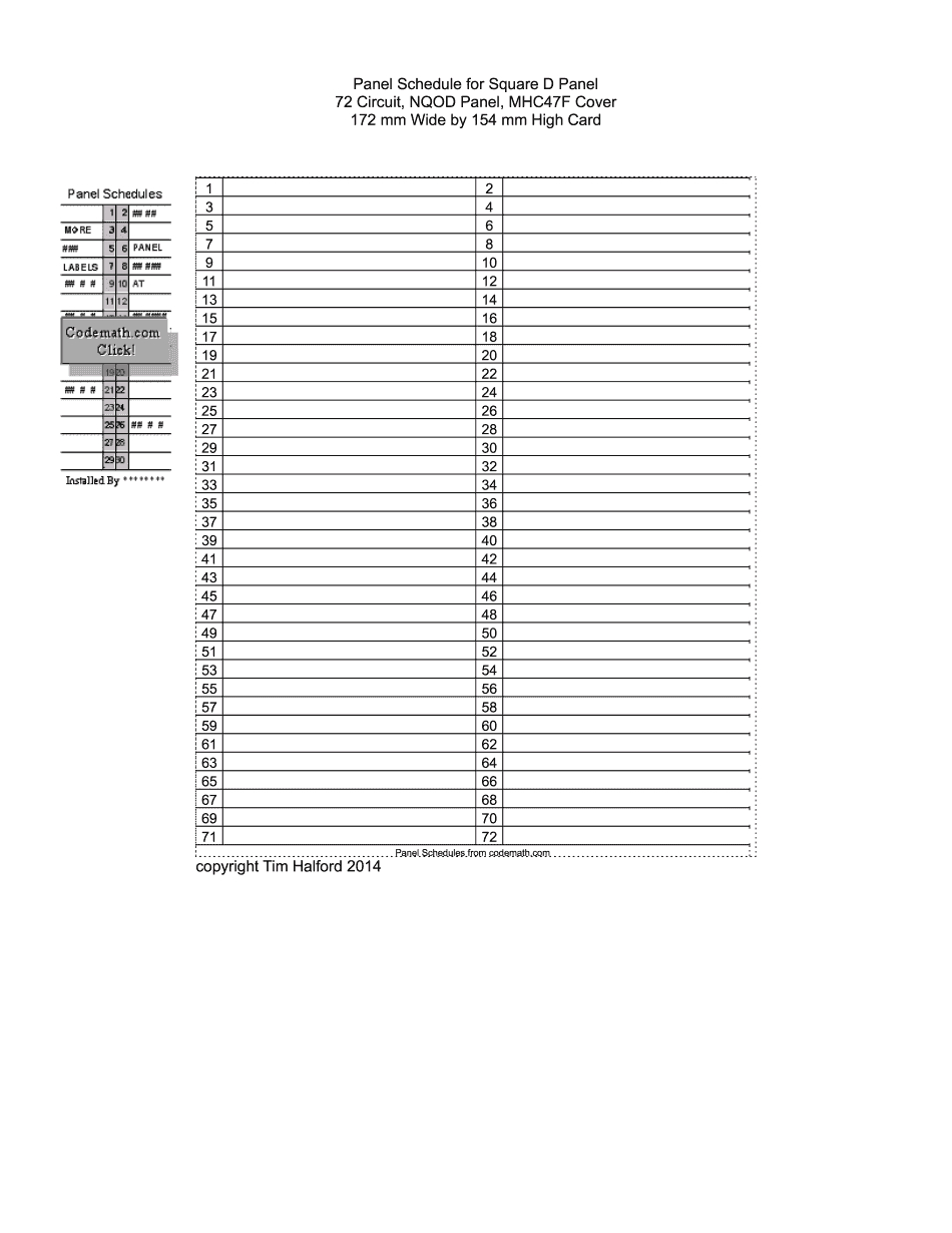 Square D Panel Schedule Template - Printable Blank Pdf Online with Square D Panel Label Printable