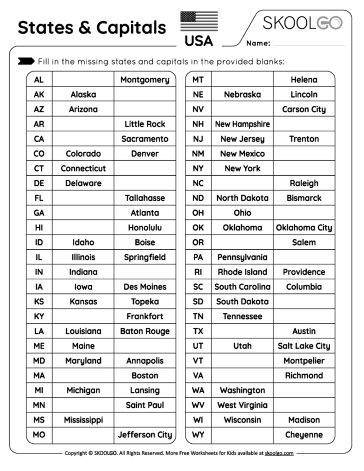 Free Printable State and Capital Worksheets