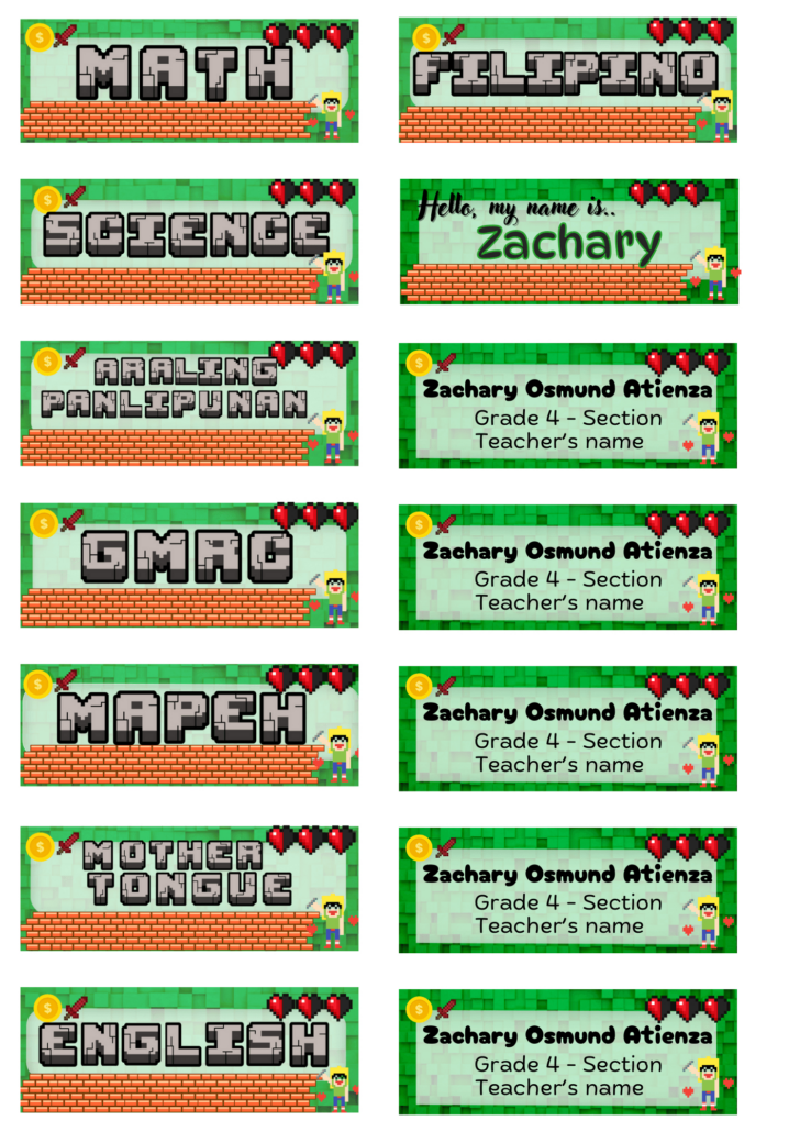 Minecraft Subject Label Printable