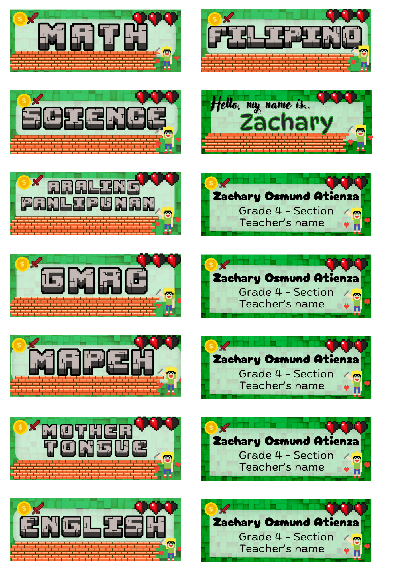 Subject Labels &amp;amp; Name Tag For Kids | Printable | Downloadable with Minecraft Subject Label Printable