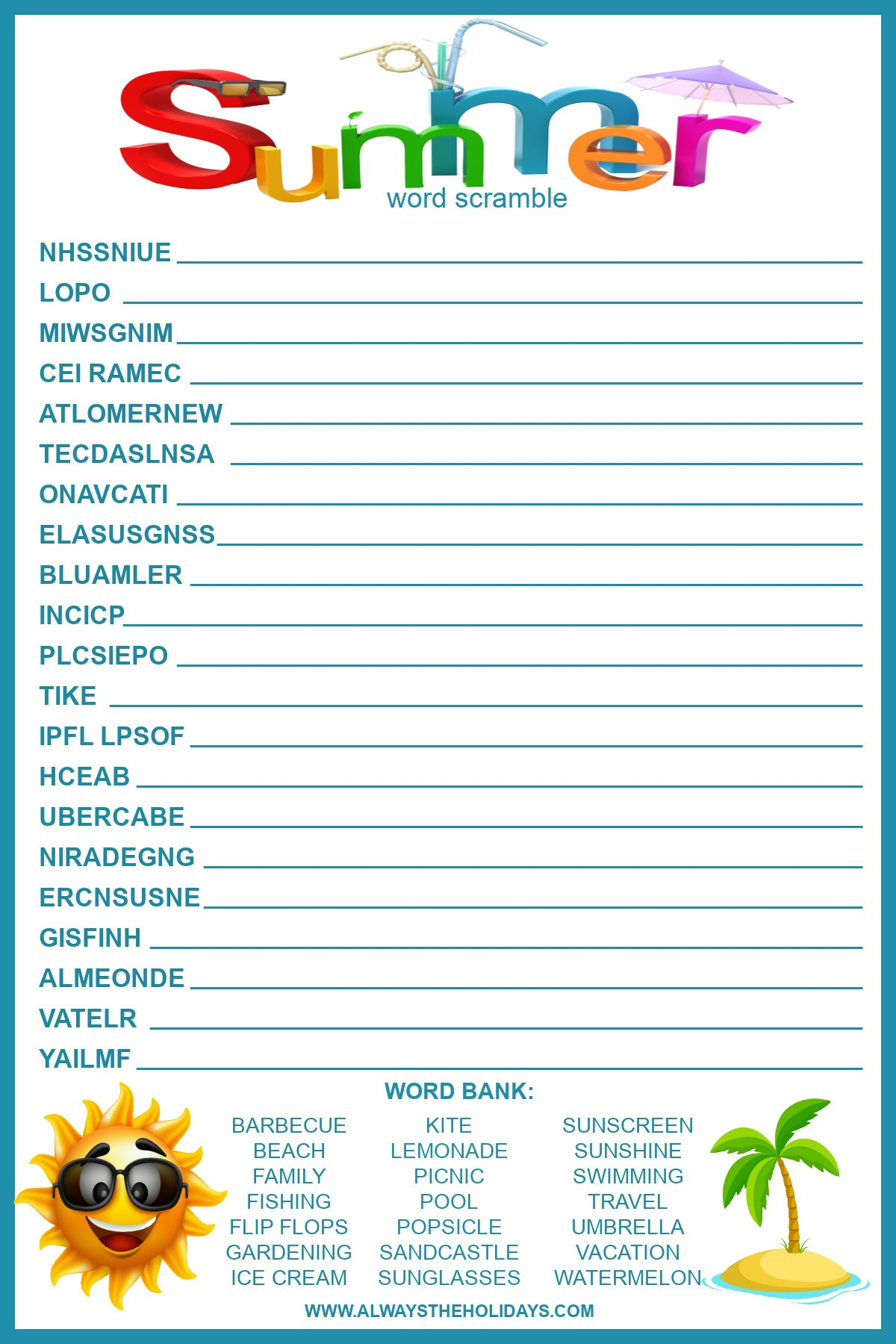 Summer Word Scramble With Answers - Free Printable For Kids inside Free Printable Word Scramble
