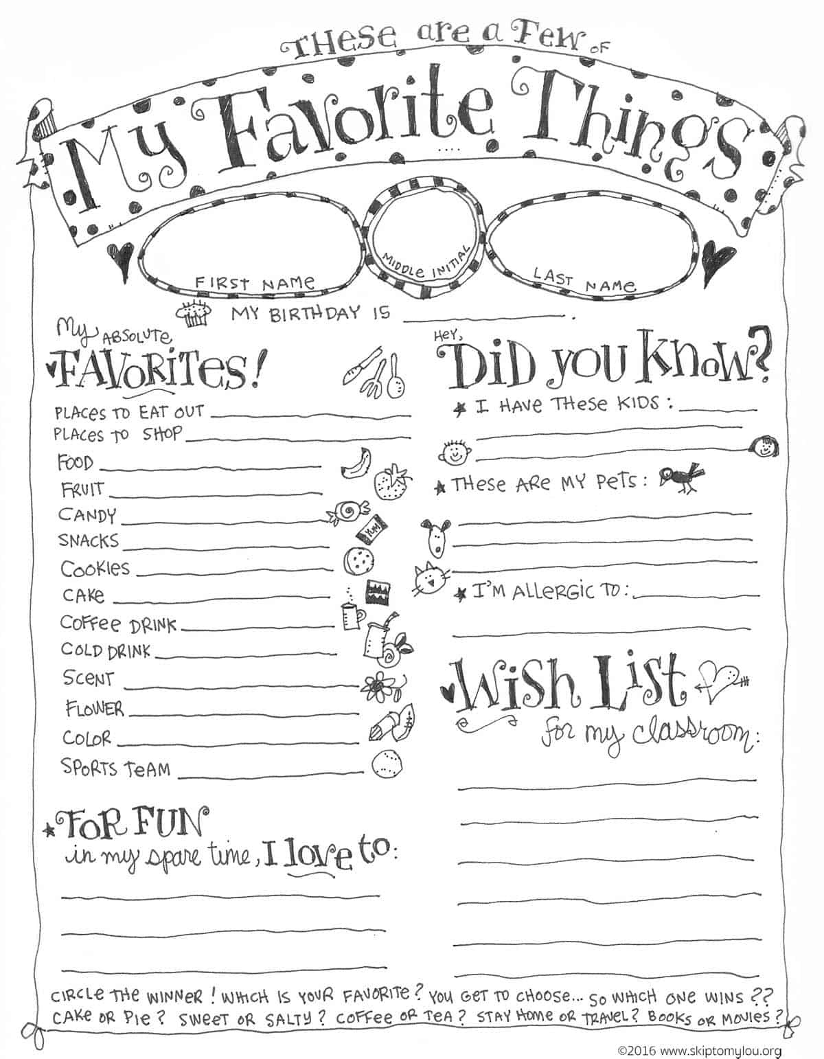 Teacher Favorite Things Questionnaire Printable | Skip To My Lou intended for Free Printable Teacher Appreciation Questionnaire