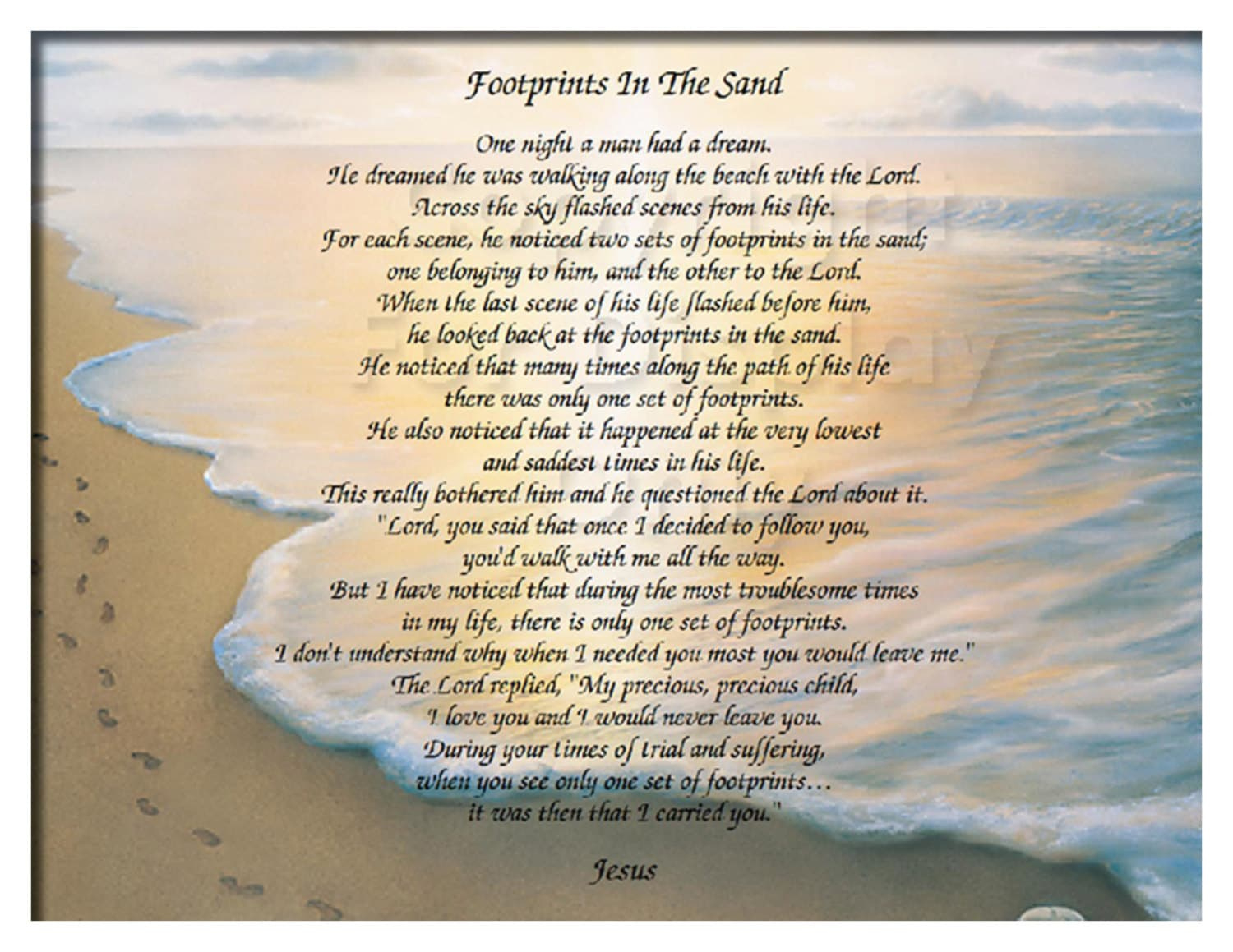 The Footprints In The Sand Poem - Christian Poem - Inspirational Print - Ready To Frame Wall Plaque Gift Idea Ocean Beach Scene with Free Printable Footprints In The Sand Poem