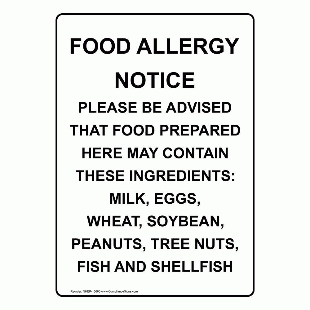 White Vertical Sign - Food Allergy Notice Please Be Advised inside Free Printable Food Allergy Warning Signs