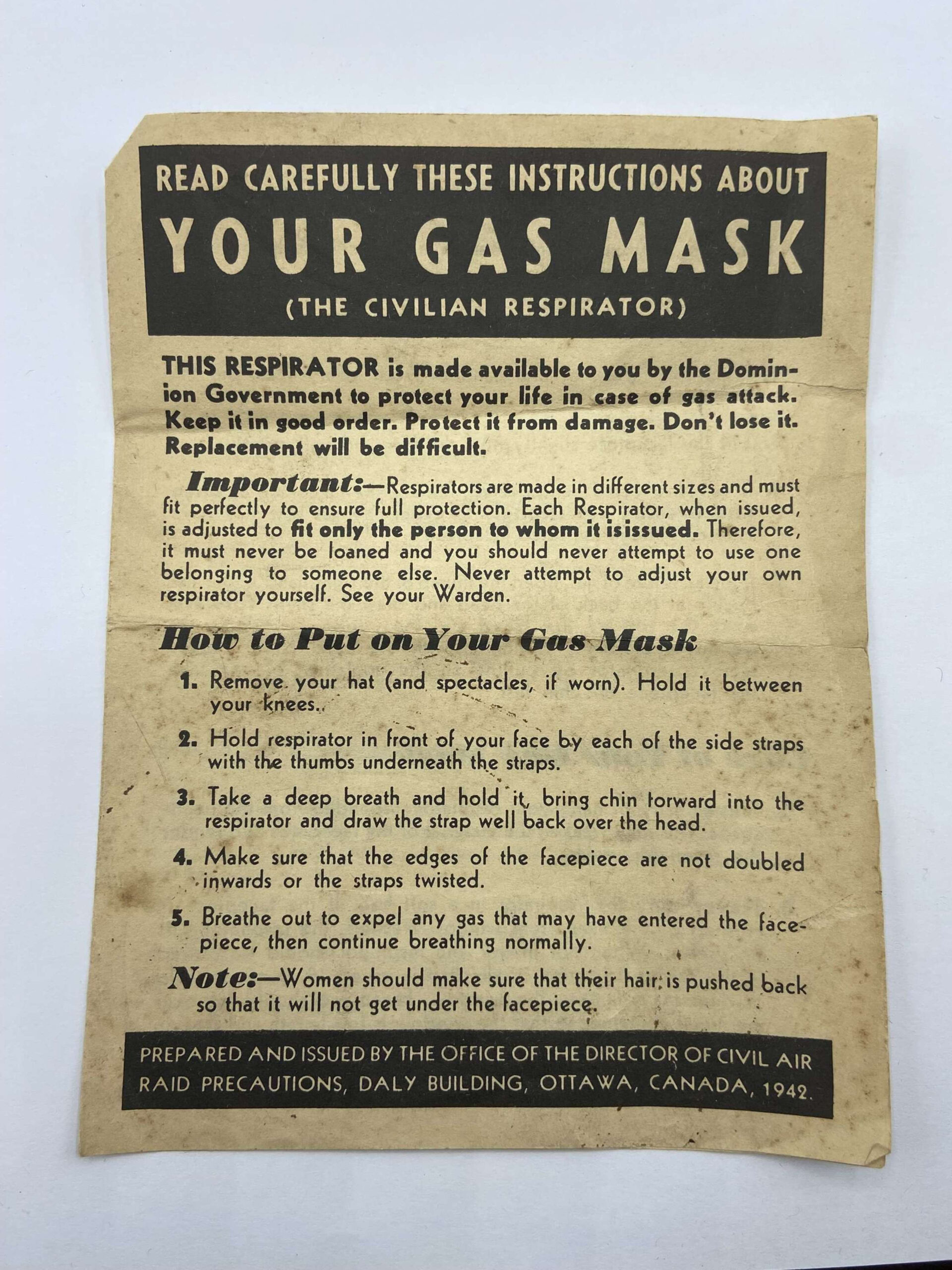 Ww2 Canadian Civil Air Raid Precautions 1942 Gas Mask Instructions within Ww2 Gas Mask Box Label Printable